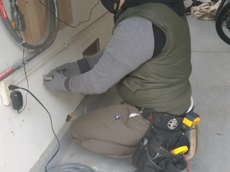 Electrician performing outlet wiring in a Nederland garage